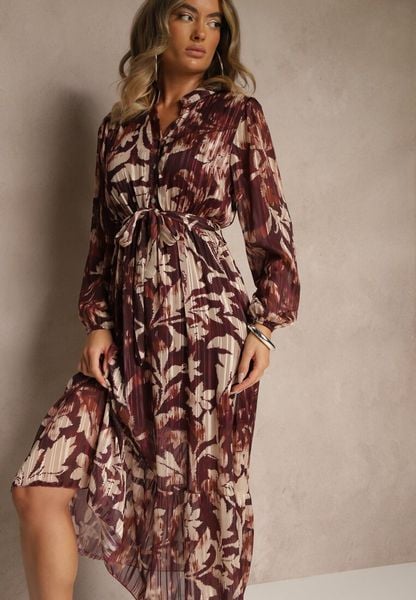 Bordowa Sukienka o Rozkloszowanym Kroju z Wiązanym Paskiem i Metaliczną Nicią Nalimirae. Czerwone sukienki damskie Renee, na co dzień, l, bez wzorów, z elastanu, bez kołnierzyka, bez ramiączek, maxi, rozkloszowane. Za 139.99 zł.