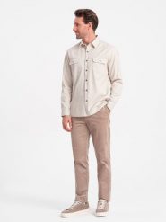 Męska bawełniana koszula REGULAR FIT z kieszeniami zapinanymi na guziki - kremowa V1 OM-SHCS-0146 - XXL. Białe koszule męskie Ombre Clothing, l, bez wzorów, z bawełny, bez kołnierzyka, bez ramiączek. W wyprzedaży za 69.99 zł.