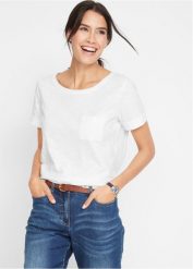 T-shirt z czystej bawełny. Białe t-shirty damskie bonprix, bez wzorów, z bawełny, bez kołnierzyka, bez ramiączek. Za 42.99 zł.