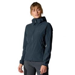 Kurtka softshellowa damska Rab Borealis Hoody z kapturem. Czarne kurtki sportowe damskie RAB, bez wzorów, z softshellu, bez ramiączek, z kapturem, trekkingowe. Za 539.99 zł.