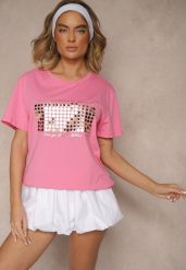 Różowy T-shirt z Bawełny z Naszytymi Cekinami Avenelli. Czerwone t-shirty damskie Renee, xl, bez wzorów, z bawełny, eleganckie, bez kołnierzyka, bez ramiączek. Za 39.99 zł.