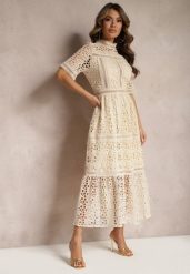 Beżowa Rozkloszowana Sukienka Maxi Ażurowa z Falbanką Ranilette. Brązowe sukienki damskie Renee, na lato, s, w ażurowe wzory, eleganckie, bez kołnierzyka, bez ramiączek, maxi, rozkloszowane. Za 269.99 zł.