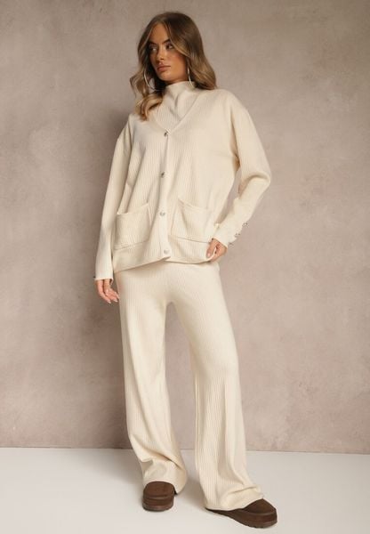 Jasnobeżowy Komplet z Dzianiny z Bawełną Spodnie Kardigan i T-shirt z Golfem Ralonia. Brązowe kardigany damskie Renee, bez wzorów, z bawełny, bez kołnierzyka. Za 189.99 zł.