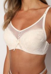 Beżowy Biustonosz Push-Up Wykończony Koronką i Cyrkoniami Rivathara. Brązowe biustonosze Renee, bez wzorów, z koronki. Za 34.99 zł.