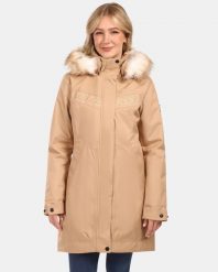 Płaszcz damski Kilpi PERU-W. Brązowe płaszcze damskie Kilpi, na zimę, m, bez wzorów, z materiału, eleganckie, bez kołnierzyka, z kapturem. Za 525.33 zł.