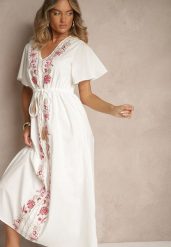 Biała Rozkloszowana Sukienka z Bawełny w Stylu Boho z Ozdobnym Haftem Sersena. Białe sukienki damskie Renee, na co dzień, l, bez wzorów, z bawełny, boho, bez kołnierzyka, bez ramiączek, maxi, rozkloszowane. Za 99.99 zł.