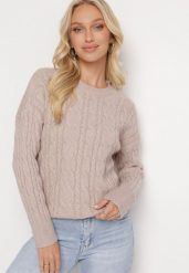 Beżowy Sweter Ozdobiony Klasycznym Splotem Lacemisa. Brązowe swetry nierozpinane damskie Born2be, bez wzorów, z dzianiny, klasyczne, bez kołnierzyka, bez ramiączek. Za 84.99 zł.