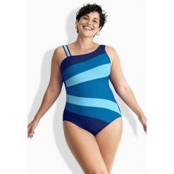 Damskie Strój kąpielowy szerokie kolorowe pasy miękkie miseczki okrągły dekolt. Niebieskie stroje kąpielowe damskie Ulla Popken, plus size, bez wzorów, z elastanu. Za 239.99 zł.