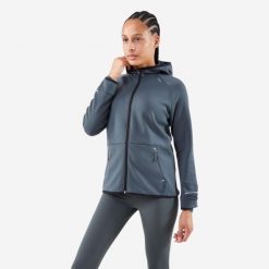 Bluza do biegania damska Kiprun Run 500 Warm ocieplana. Zielone bluzy damskie KIPRUN, l, bez wzorów, z elastanu, sportowe, bez ramiączek, bez kaptura. Za 159.99 zł.