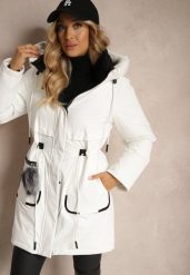Biała Kurtka Parka ze Ściągaczami w Talii i Kapturem Zdobiona Zawieszką Zeriena. Białe kurtki damskie Renee, l, z aplikacjami, z jeansu. Za 299.99 zł.