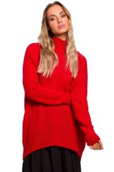 Sweter damski oversize asymetryczny sweter z wełną czerwony. Czerwone swetry nierozpinane damskie Polskie swetry, na zimę, l, bez wzorów, z dzianiny, biznesowe, z asymetrycznym kołnierzem, bez ramiączek. Za 259.00 zł.