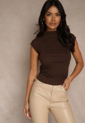 Brązowy Top z Bawełny i Wiskozy ze Stójką i Marszczeniem w Talii Zetelie. Brązowe topy damskie Renee, m, bez wzorów, z bawełny, eleganckie, bez kołnierzyka, bez ramiączek. Za 59.99 zł.