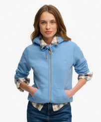 Superdry Bluza z kapturem Essential Logo Zip Half Brushed. Niebieskie bluzy damskie Superdry, bez wzorów, z bawełny, klasyczne, bez ramiączek, z kapturem. Za 379.95 zł.