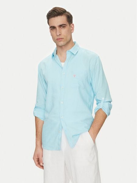 Guess Koszula F4GH00 WG3L0 Błękitny Regular Fit. Niebieskie koszule męskie Guess, l, z aplikacjami, z wiskozy, bez kołnierzyka, bez ramiączek. Za 189.99 zł.