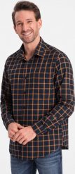 Ombre Męska flanelowa koszula w kratę SLIM FIT - granatowo-pomarańczowa V1 OM-SHCS-0145 L. Brązowe koszule męskie Ombre, l, bez wzorów, bez kołnierzyka, bez ramiączek. Za 149.99 zł.