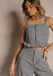 Czarna Bluzka Top w Kratę z Guzikami i Falbanką Falionna. Czarne bluzki damskie Renee, l, bez wzorów, z jeansu, eleganckie, bez kołnierzyka, bez ramiączek. Za 39.99 zł.