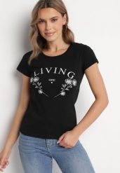 Czarny Bawełniany T-shirt z Napisem Living i Nadrukiem Commea. Czarne t-shirty damskie Born2be, l, bez wzorów, z bawełny, eleganckie, bez kołnierzyka, bez ramiączek. Za 34.99 zł.