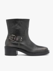 Czarno-szare botki biker boots. Szare botki damskie Brawo sp. z o.o., bez wzorów, ze skóry, klasyczne, bez obcasa, bez zapięcia. Za 579.99 zł.