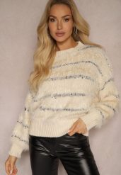 Beżowy Sweter z Wiskozą o Fakturze Imitacji Piór w Paski Nerisara. Brązowe swetry nierozpinane damskie Renee, l, bez wzorów, z wiskozy, biznesowe, bez kołnierzyka, bez ramiączek. Za 84.99 zł.