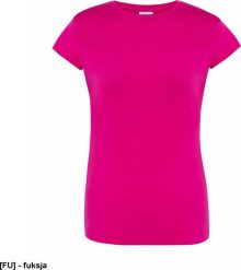 JHK T-shirt damski JHK TSRLPRM - premium z krótkim rękawem, dopasowany do sylwetki, single jersey, 170 g - fuksja M. Czerwone t-shirty damskie JHK, m, bez wzorów, z jersey, bez kołnierzyka, bez ramiączek. Za 14.98 zł.