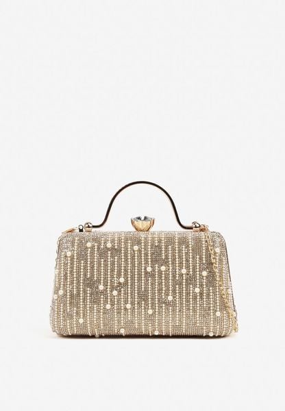 Złota Torebka Kopertówka Ozdobiona Perełkami i Cyrkoniami Fessurea. Żółte torebki wizytowe damskie Renee, bez wzorów, na ramię, bez dodatków. Za 119.99 zł.