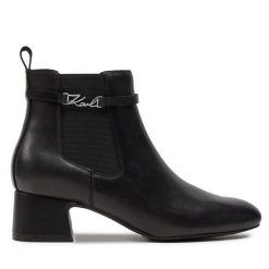 Botki KARL LAGERFELD. Czarne botki damskie KARL LAGERFELD, bez wzorów, bez obcasa, na słupku, bez zapięcia. Za 569.99 zł.