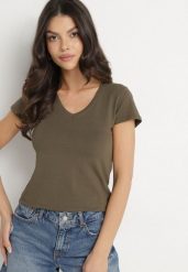 Ciemnozielony T-shirt z Bawełny z Dekoltem w Serek Liniviela. Zielone t-shirty damskie Born2be, l, bez wzorów, z bawełny, bez kołnierzyka, bez ramiączek. Za 39.99 zł.