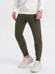 Spodnie męskie dresowe z przeszyciem i zamkiem na nogawce - oliwkowe V3. Zielone spodnie sportowe męskie Ombre Clothing, m, bez wzorów, z bawełny. W wyprzedaży za 69.99 zł.