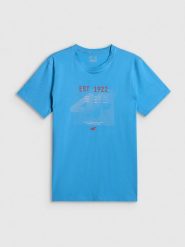 4F T-shirt regular z nadrukiem męski - niebieski XXL. Niebieskie koszulki sportowe męskie 4F, m, bez wzorów, z materiału, bez kołnierzyka, bez ramiączek. Za 69.99 zł.