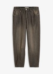 Jeansy typu barrel, mid waist, z wygodnym pasem. Szare jeansy damskie bonprix, bez wzorów, z jeansu. Za 149.99 zł.