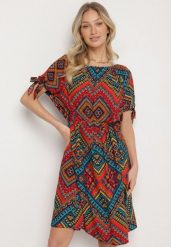 Czerwona Bawełniana Sukienka w Etno Wzór z Wiązanym Paskiem w Talii Tosmera. Czerwone sukienki damskie Born2be, na co dzień, xl, bez wzorów, z bawełny, eleganckie, bez kołnierzyka, bez ramiączek, midi. Za 44.99 zł.
