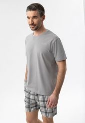 Piżama męska z szortami U-SEN. Szare piżamy męskie Volcano, l, bez wzorów, z bawełny, bez kołnierzyka, bez ramiączek, krótkie. Za 109.99 zł.