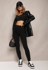 Czarne Legginsy z Szeroką Gumką w Talii Blemisava. Czarne legginsy damskie Renee, bez wzorów, z jeansu. Za 34.99 zł.