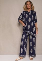 Granatowy Komplet Oversize w Stylu Rustykalnym Długa Koszula i Szerokie Spodnie Mepilara. Niebieskie koszule damskie Renee, m, bez wzorów, eleganckie, bez kołnierzyka, bez ramiączek. Za 99.99 zł.