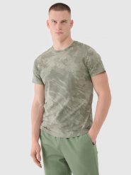 4F T-shirt regular z nadrukiem męski - oliwkowy/khaki S. Brązowe t-shirty męskie 4F, m, bez wzorów, z bawełny, bez kołnierzyka, bez ramiączek. W wyprzedaży za 49.99 zł.