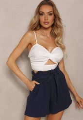 Granatowe Bawełniane Szorty z Gumką w Talii i Paskiem Lovenia. Niebieskie szorty damskie Renee, bez wzorów, z bawełny, eleganckie, z podwyższonym stanem. Za 49.99 zł.