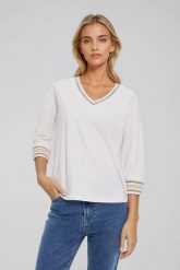 Bawełniana bluza z dekoltem w serek biała. Białe bluzy damskie MOODO, l, bez wzorów, z bawełny, bez ramiączek, bez kaptura. Za 79.99 zł.