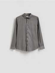 Koszula slim fit z drobnym wzorem - szary. Szare koszule męskie Reserved, l, bez wzorów, z bawełny, bez kołnierzyka, bez ramiączek. Za 139.99 zł.
