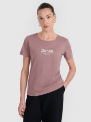 4F T-shirt regular z nadrukiem damski - brązowy L. Brązowe t-shirty damskie 4F, l, bez wzorów, z bawełny, bez kołnierzyka, bez ramiączek. Za 59.99 zł.