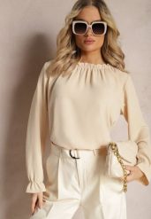 Beżowa Gładka Bluzka z Falbanką i Marszczeniami Seramme. Brązowe bluzki damskie Renee, xl, bez wzorów, bez kołnierzyka, bez ramiączek. Za 49.99 zł.