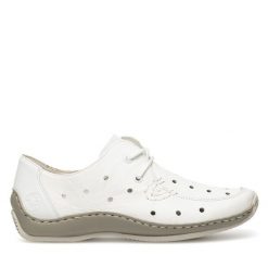 Półbuty Rieker. Białe półbuty damskie Rieker, bez wzorów, bez obcasa, na płaskiej podeszwie, bez zapięcia. Za 299.99 zł.
