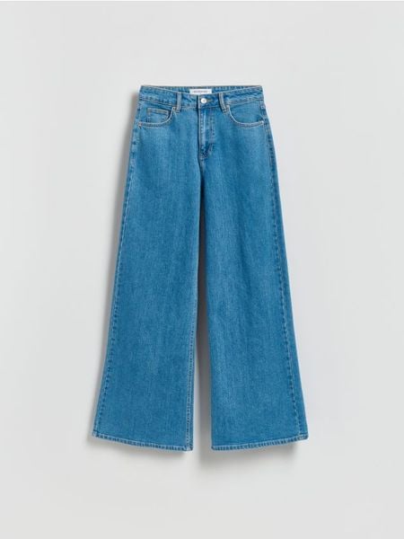 Jeansy wide leg - niebieski. Niebieskie jeansy damskie Reserved, bez wzorów, z bawełny. W wyprzedaży za 89.99 zł.