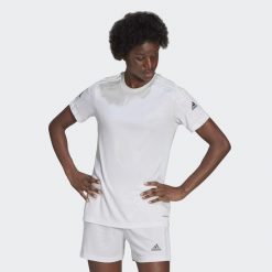 Koszulka damska adidas Squadra 21 Jersey. Białe bluzki damskie Adidas, xs, bez wzorów, z jersey, sportowe, bez kołnierzyka, bez ramiączek. Za 69.00 zł.