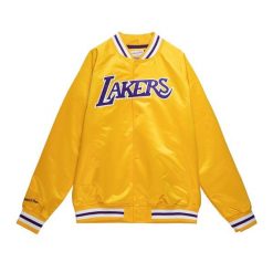 Satynowa bluza dresowa Los Angeles Lakers. Żółte bluzy męskie Mitchell & Ness, bez wzorów, z dresówki, sportowe, bez ramiączek, bez kaptura. Za 474.00 zł.