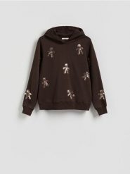 Bluza ze świątecznym motywem - ciemnobrązowy. Brązowe bluzy damskie Reserved, l, bez wzorów, z bawełny, wizytowe, bez ramiączek, bez kaptura. W wyprzedaży za 49.99 zł.
