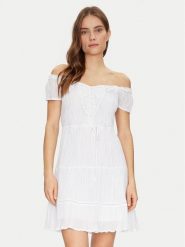 Guess Sukienka letnia W5GK0A WE340 Biały Regular Fit. Białe sukienki damskie Guess, na lato, xs, z aplikacjami, z bawełny, bez kołnierzyka, bez ramiączek. Za 379.99 zł.