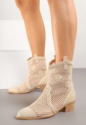 Jasnobeżowe Botki Kowbojki na Stożku ze Skórzaną Wkładką i Siateczkową Cholewką Frolozi. Brązowe botki damskie Renee, bez wzorów, z jeansu, eleganckie, bez obcasa, na obcasie, bez zapięcia. Za 159.99 zł.