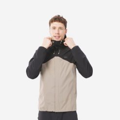 Kurtka turystyczna męska, Quechua MH150, wodoodporna. Niebieskie kurtki męskie QUECHUA, l, bez wzorów, z materiału, sportowe, bez kaptura. Za 199.99 zł.