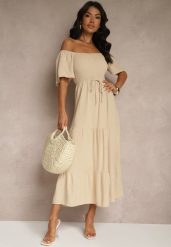Beżowa Wiskozowa Sukienka z Lnem o Rozkloszowanym Kroju Koloreia. Brązowe sukienki damskie Renee, na co dzień, na lato, m, bez wzorów, z wiskozy, eleganckie, bez kołnierzyka, bez ramiączek, midi, rozkloszowane. Za 89.99 zł.