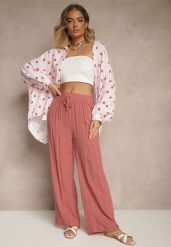 Różowe Szerokie Spodnie z Wiskozy High Waist Naivella. Czerwone spodnie materiałowe damskie Renee, bez wzorów, z jeansu, eleganckie, z podwyższonym stanem. Za 39.99 zł.